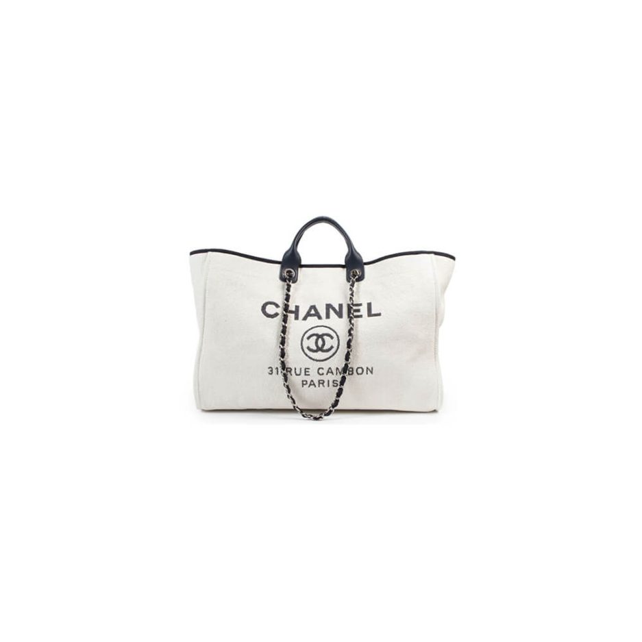 CHANEL Woven Straw Raffia Striped Medium Deauville Tote