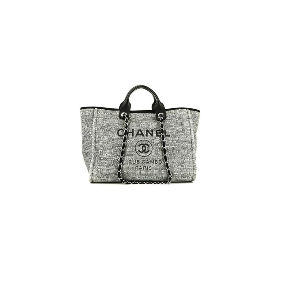 CHANEL Woven Straw Raffia Striped Medium Deauville Tote