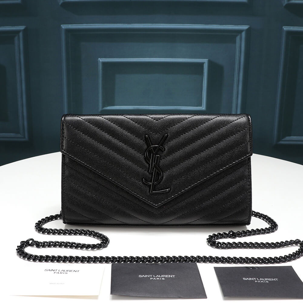 Saint Laurent Chain-strap YSL-plaque grained-leather wallet