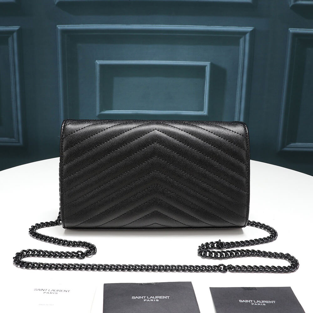 Saint Laurent Chain-strap YSL-plaque grained-leather wallet